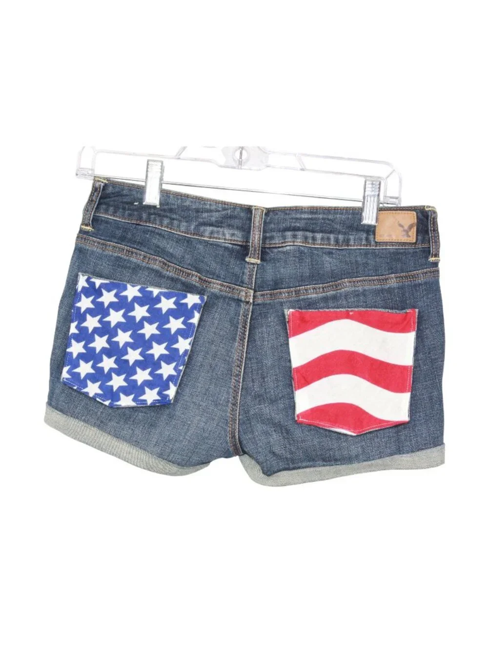 American Eagle Super Stretch Denim Shorts Blue USA Flag Cuffed Size 8